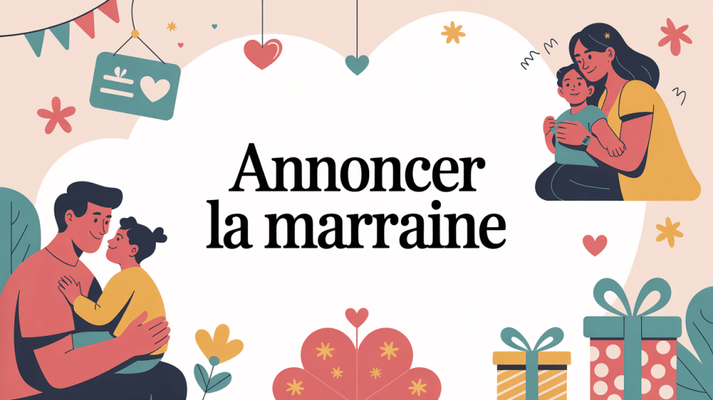 illustration pour annoncer la marraine scène parent enfant cadeau festif