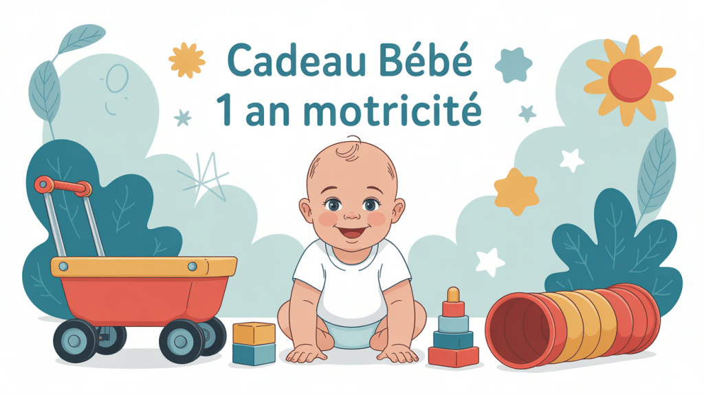 cadeau bébé 1 an motricité illustration d’un bébé avec chariot blocs tunnel
