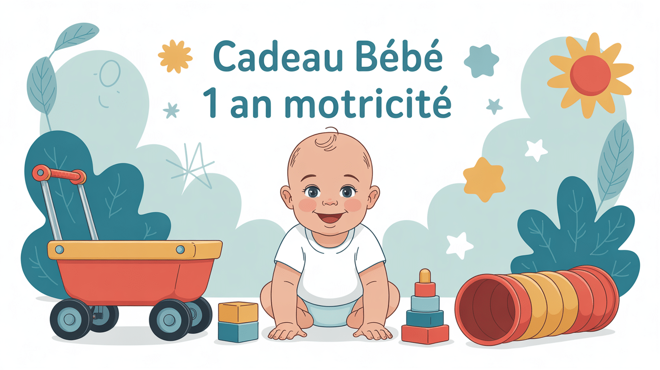 cadeau bébé 1 an motricité illustration d’un bébé avec chariot blocs tunnel
