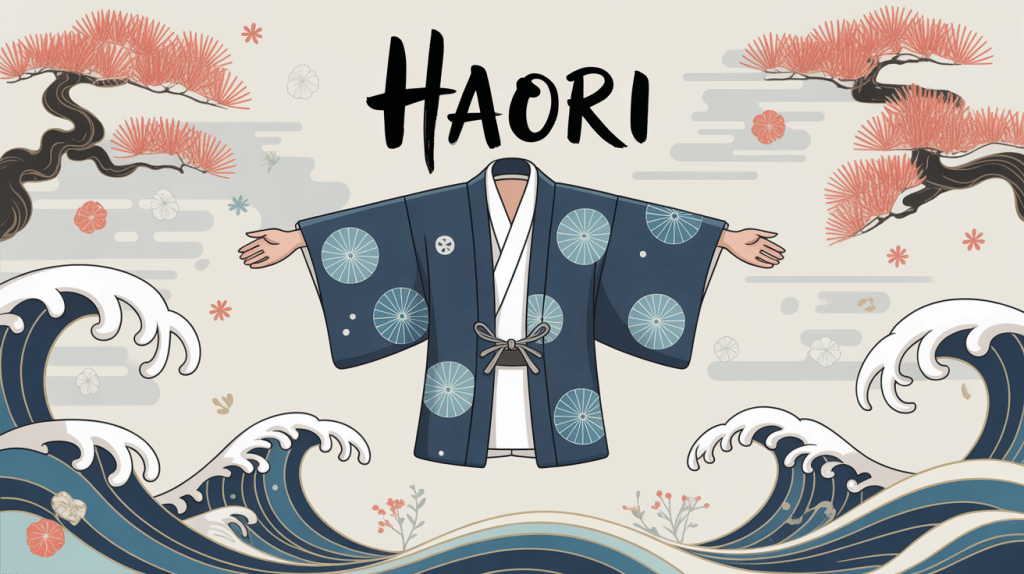 haori flottant avec motifs japonais cerisiers grues vagues