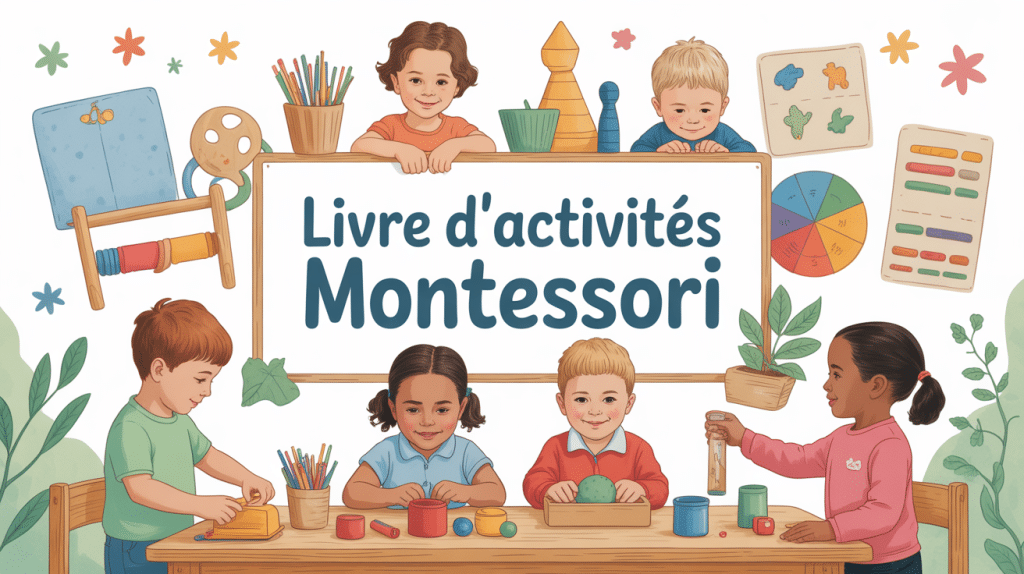 livre activité montessori, enfants manipulent objets éducatifs