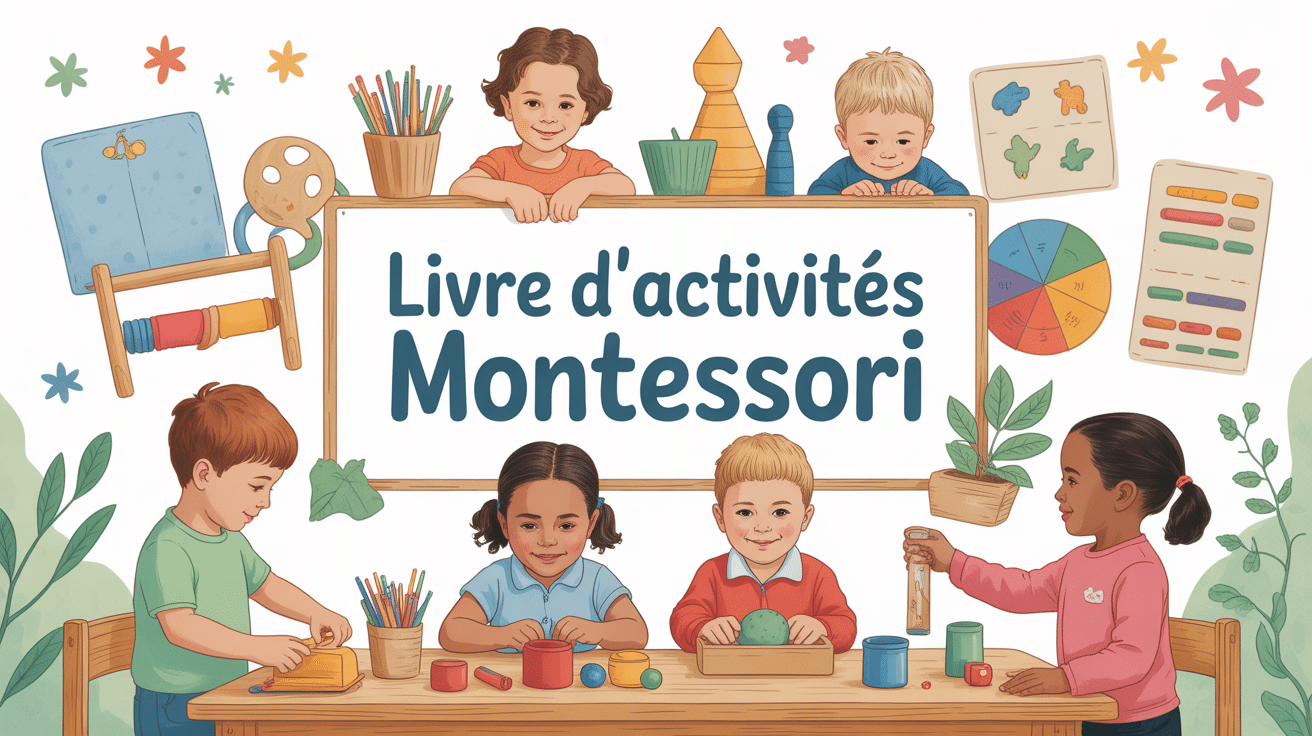livre activité montessori, enfants manipulent objets éducatifs