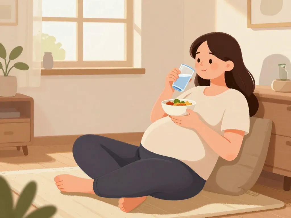 Illustration femme enceinte à la maison soulageant remontée acide fin de grossesse signe accouchement