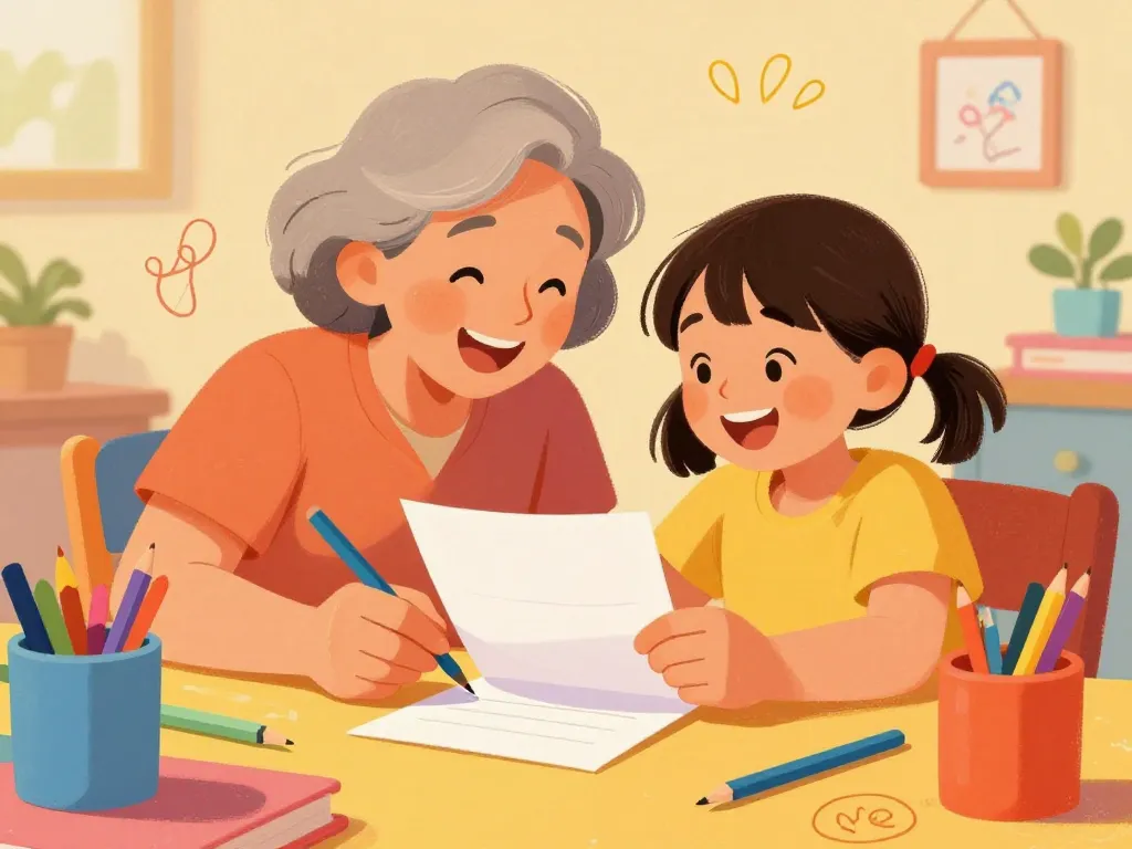 grand-parent et petite fille écrivent lettre amusante ensemble