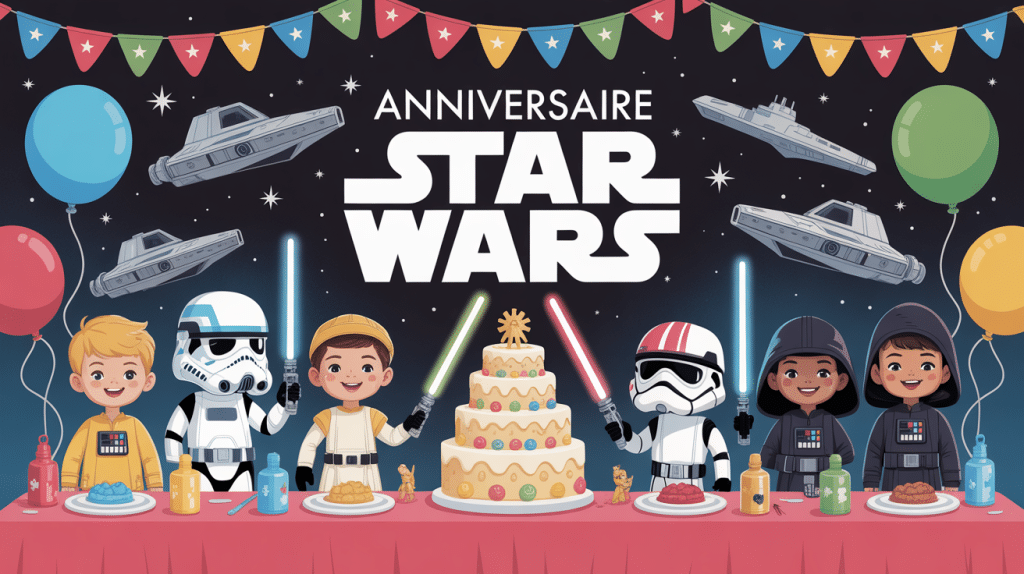 Enfants costumés à un anniversaire Star Wars festif