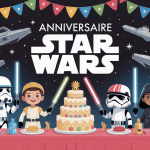 Enfants costumés à un anniversaire Star Wars festif