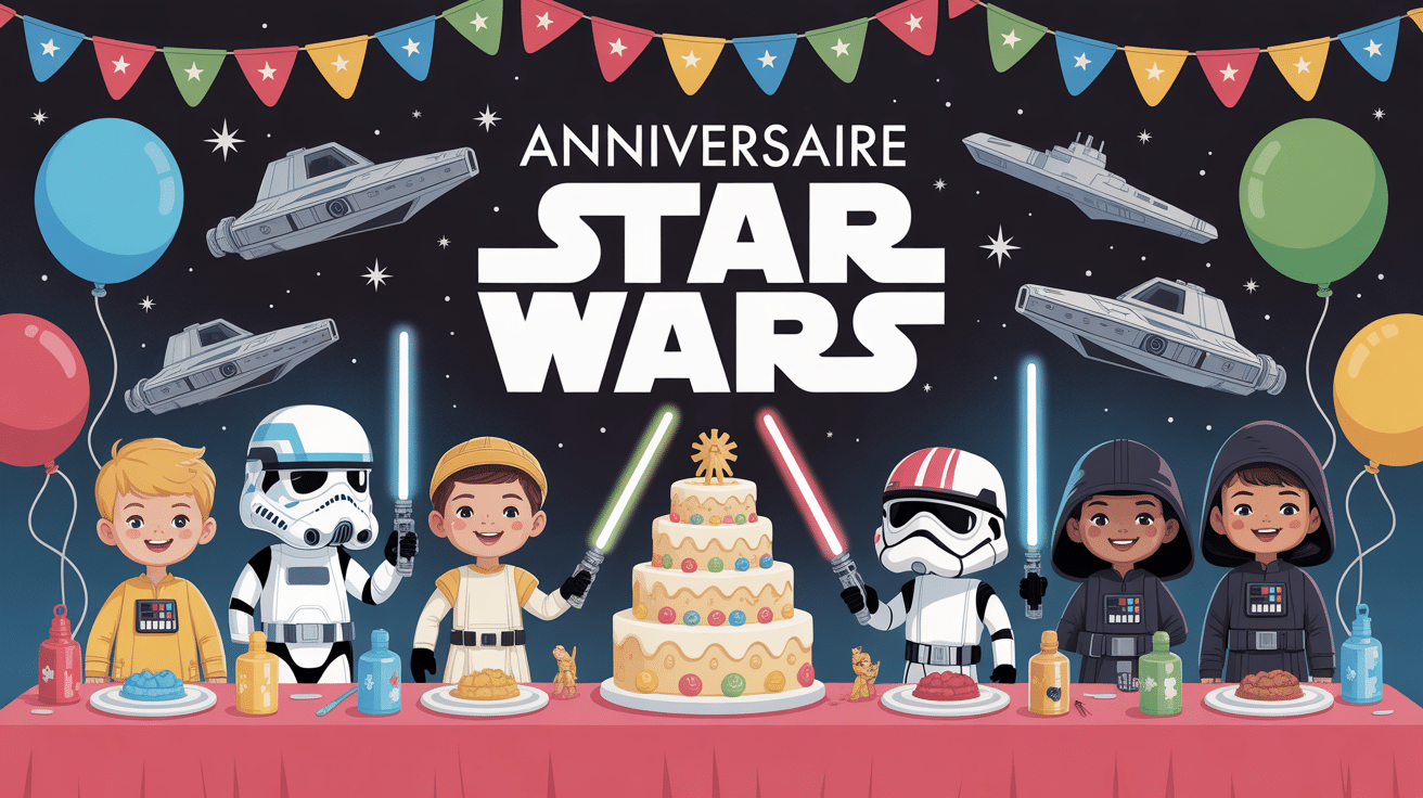 Enfants costumés à un anniversaire Star Wars festif