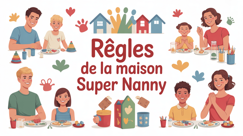 Illustration famille autour du tableau les règles de la maison Super Nanny