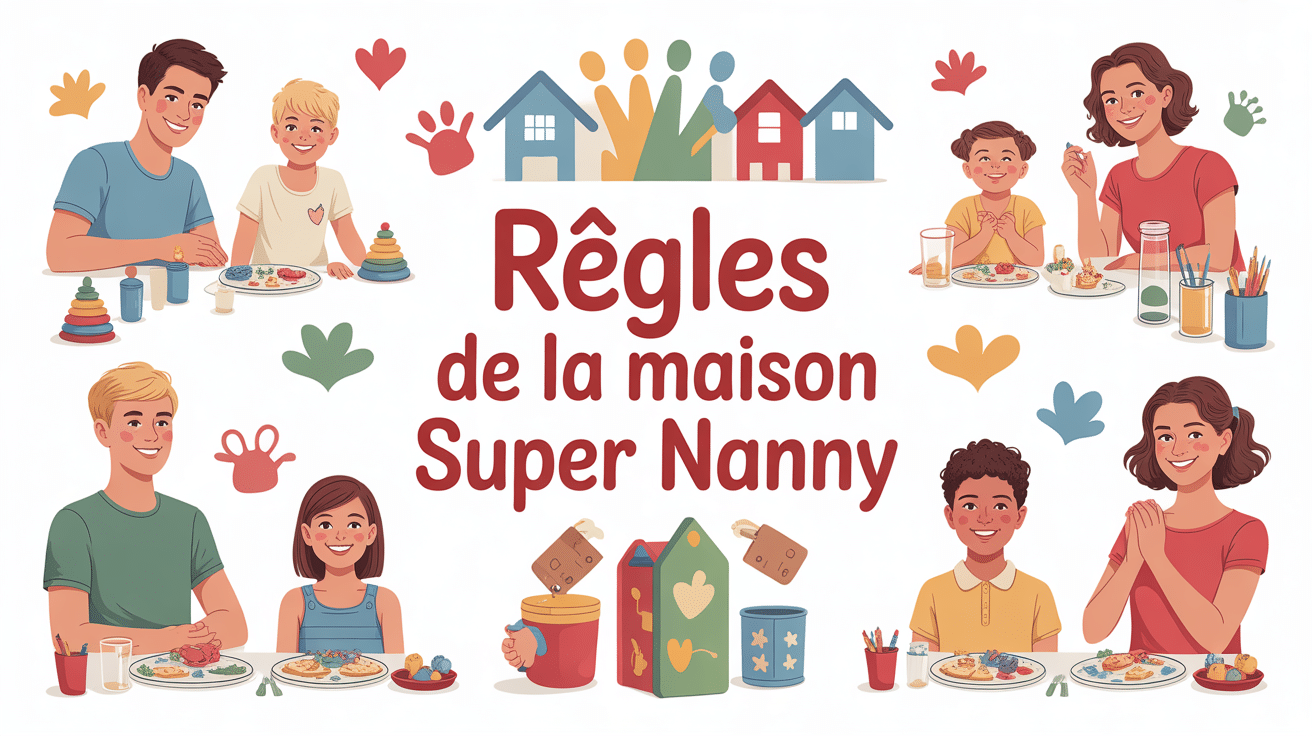 Illustration famille autour du tableau les règles de la maison Super Nanny