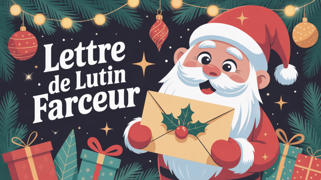 Lettre lutin farceur et lutin joyeux devant sapin de Noël
