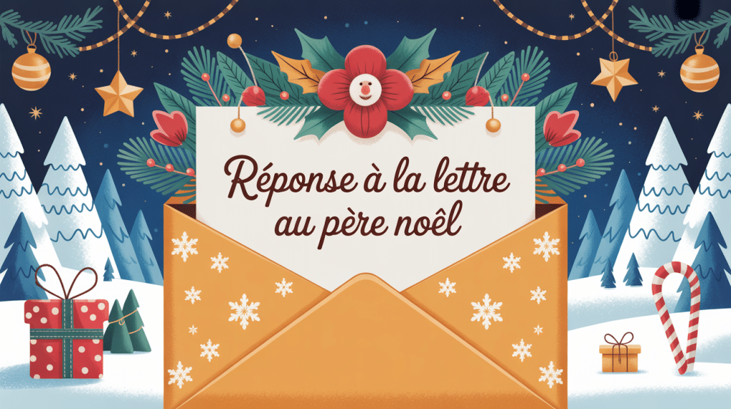 Réponse lettre au père Noël devant le Pôle Nord décor féerique