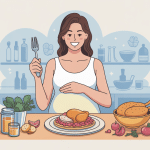 Femme enceinte et tartine de rillette de poulet, ambiance rassurante