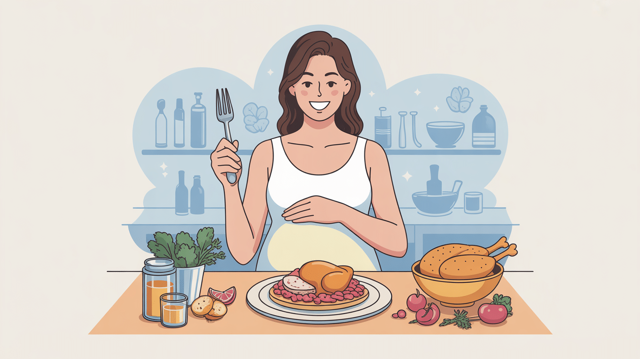 Femme enceinte et tartine de rillette de poulet, ambiance rassurante