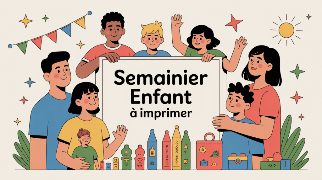 famille autour d’un semainier enfant à imprimer