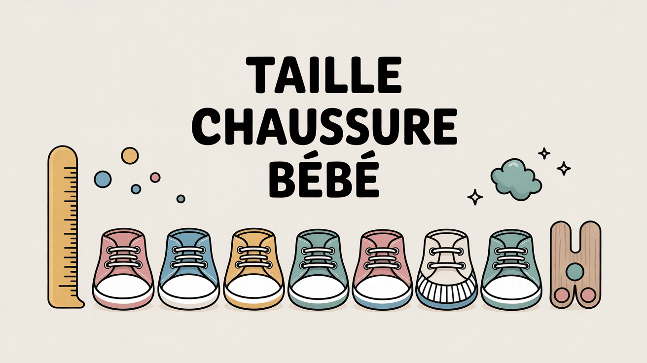 Illustration guide taille chaussure bebe, pédimètre et chaussures variées