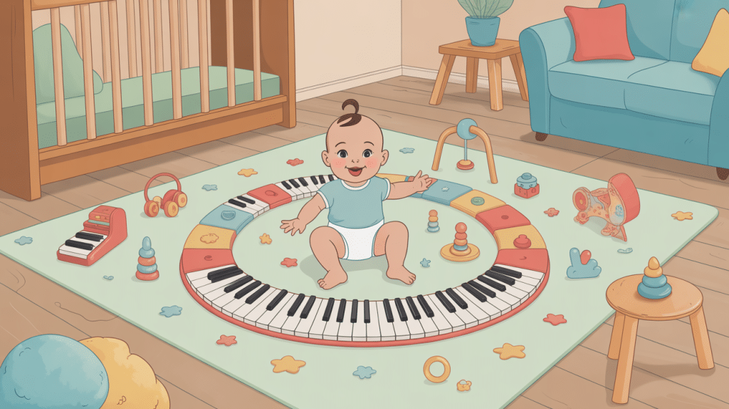 bébé jouant sur un tapis musical bébé sécurisé et coloré