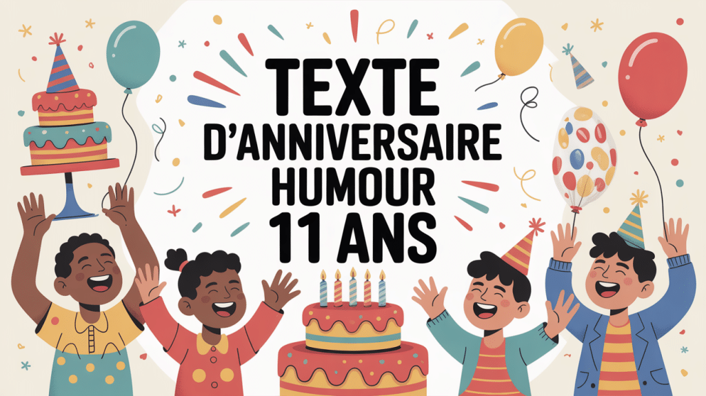 Carte anniversaire 11 ans humour avec gâteau et ballons