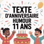 Carte anniversaire 11 ans humour avec gâteau et ballons