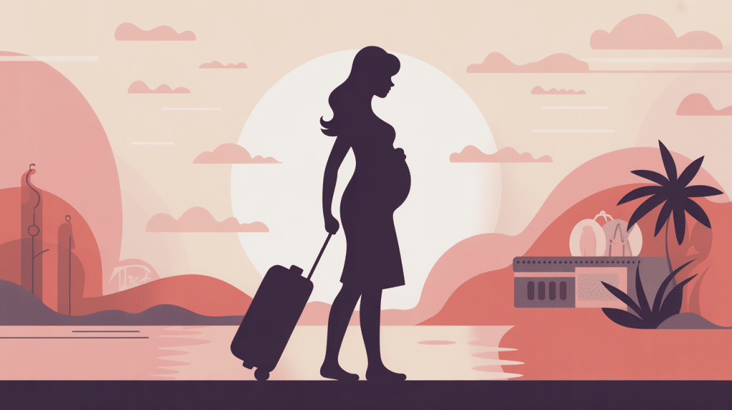 Illustration centrale voyage femme enceinte valise ambiance pastel