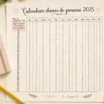 calendrier chinois grossesse 2025 manuscrit flat lay