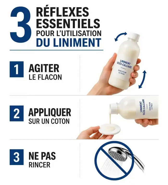 Infographie des 3 réflexes pour bien utiliser le liniment oléo-calcaire sur la peau de bébé