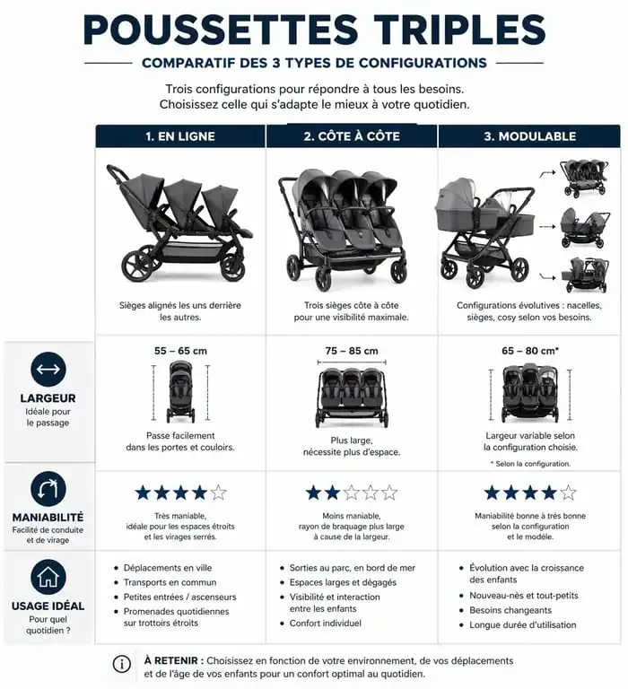 Infographie comparative des types de poussette triple : en ligne, côte à côte et modulable