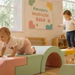 parcours motricité bébé en crèche, enfants sur modules