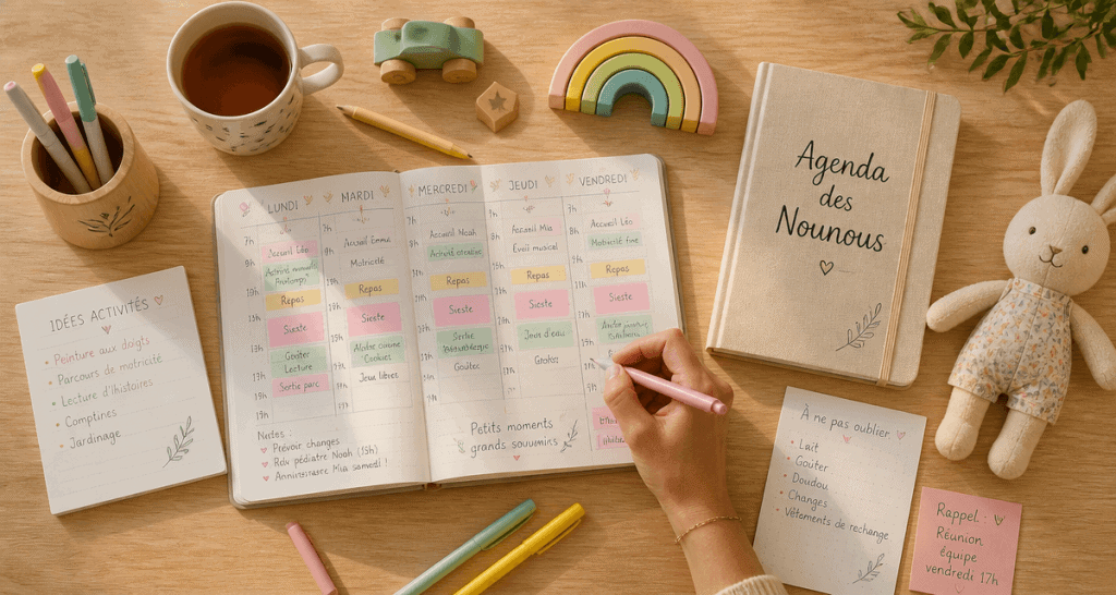 agenda des nounous ouvert sur une table avec accessoires