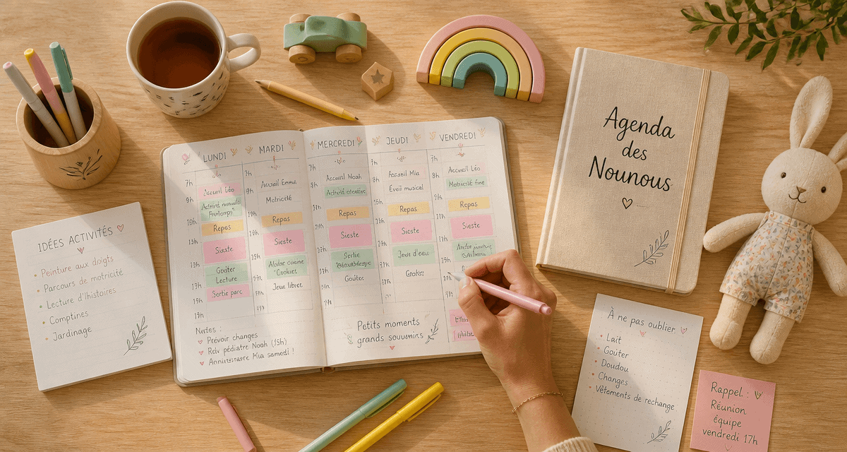 agenda des nounous ouvert sur une table avec accessoires