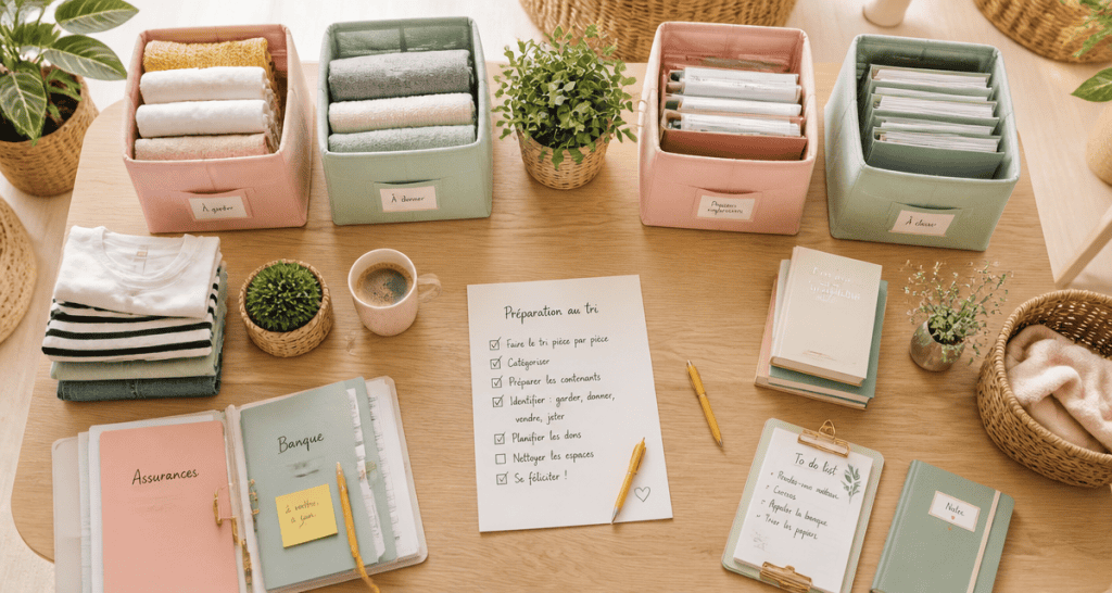 Aide rangement maison table tri boîtes pastel
