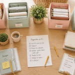 Aide rangement maison table tri boîtes pastel