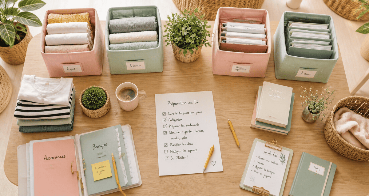 Aide rangement maison table tri boîtes pastel
