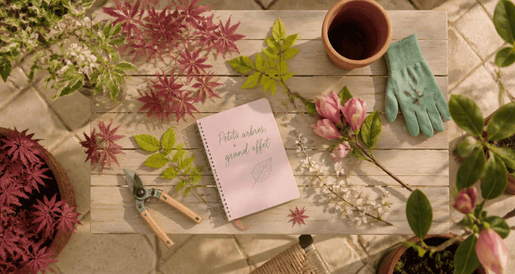 arbres pour petit jardin sur table et feuilles