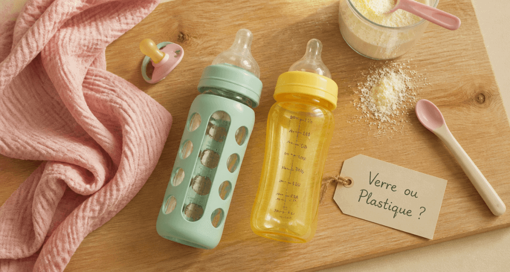 Biberon en verre ou en plastique côte à côte sur table