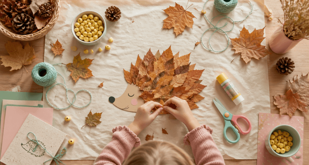 bricolage automne maternelle hérisson feuilles et pommes de pin