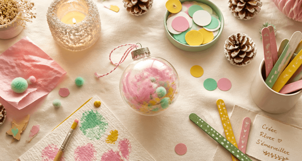 bricolage de noël pour petit de 2 ans avec boule transparente et matériaux colorés