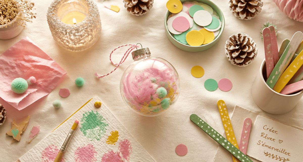 bricolage de noël pour petit de 2 ans avec boule transparente et matériaux colorés