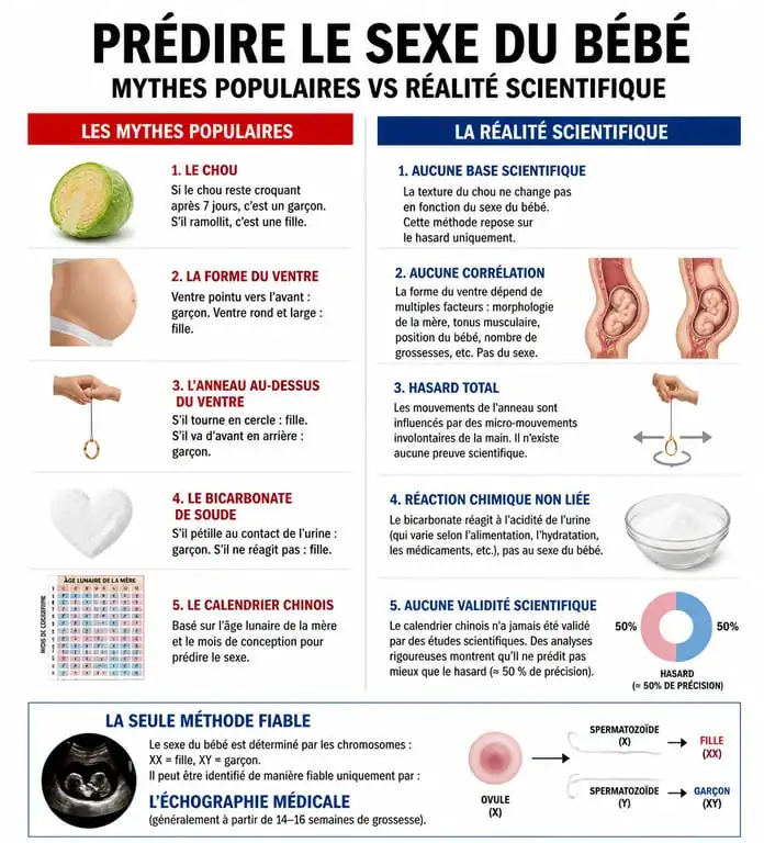 Infographie comparative mythes et science pour prédire si c'est une fille ou un garçon