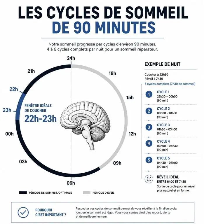 Infographie montrant l'heure idéale pour se coucher pour optimiser ses cycles de sommeil