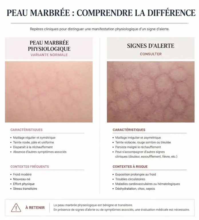 Infographie comparative peau marbrée enfant : signes bénins vs signes d'alerte