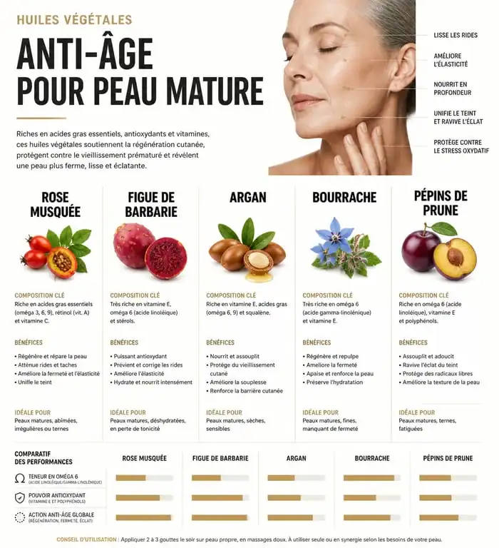 Infographie comparative des meilleures huiles visage pour peau mature : propriétés et bienfaits