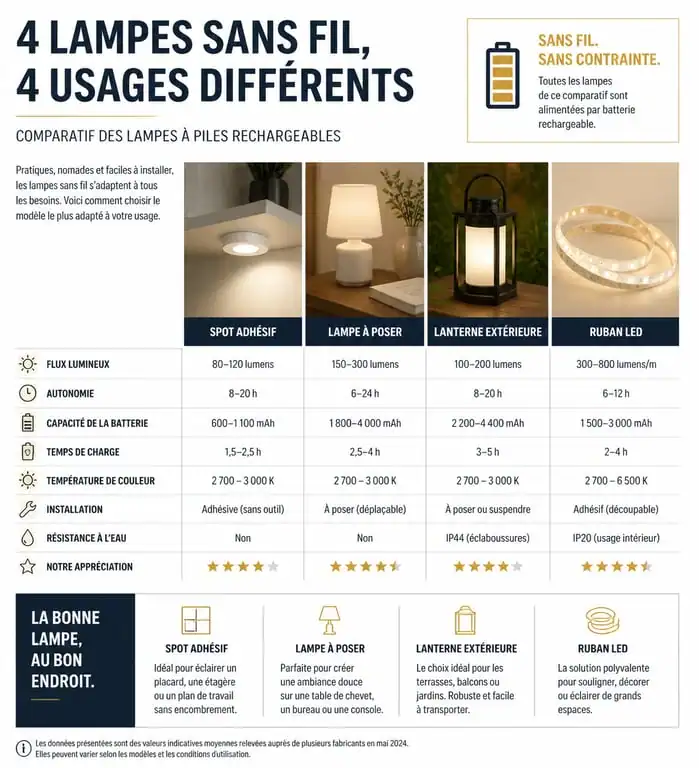 Infographie comparative des différents types de lampes à pile pour choisir le modèle adapté à ses besoins