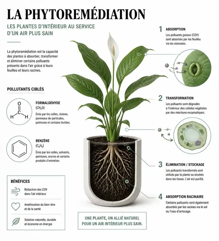 Schéma explicatif du fonctionnement des plantes d'intérieur dépolluantes par phytoremédiation