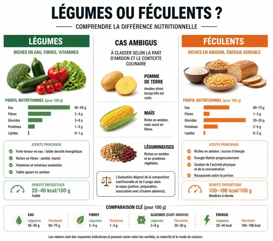Infographie comparative distinguant les légumes des féculents et les cas particuliers pour une alimentation équilibrée