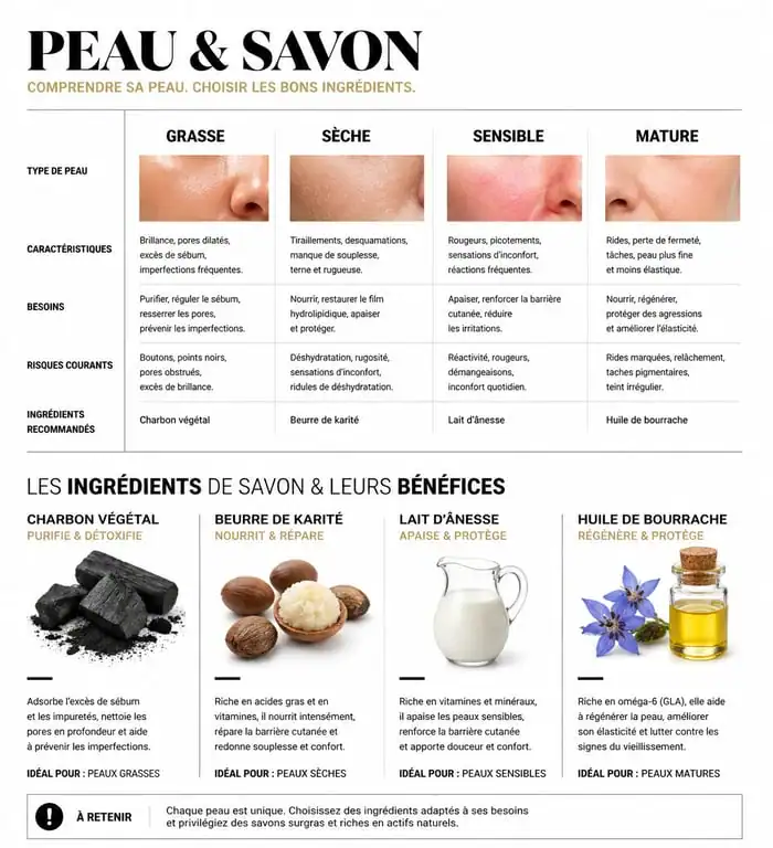 Infographie comparative des meilleurs savons pour le visage selon le type de peau