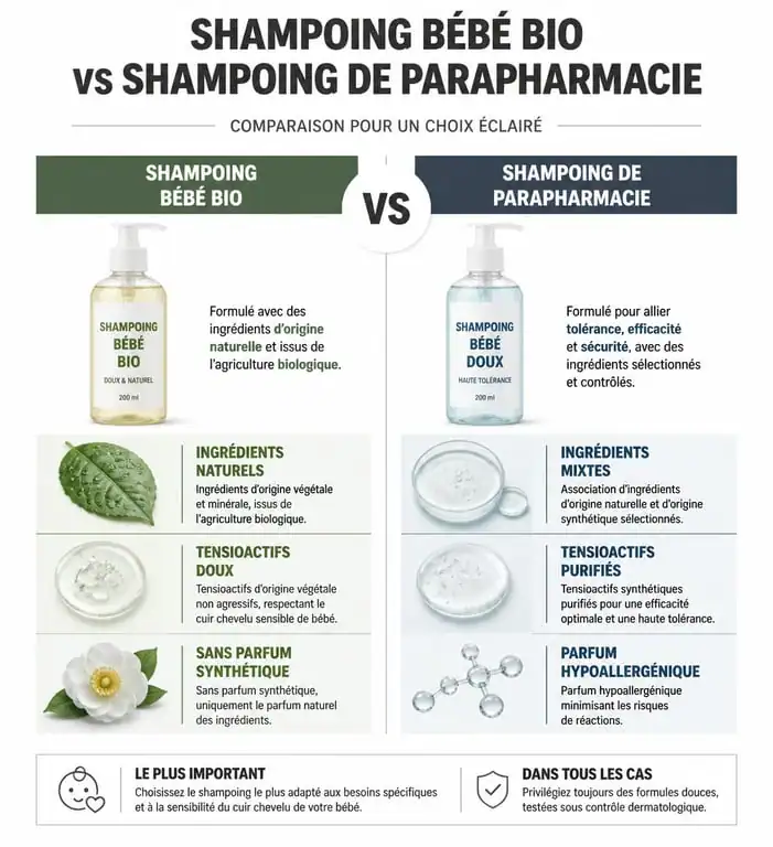 Comparatif des caractéristiques entre shampoing bébé bio et shampoing parapharmacie pour choisir le meilleur shampoing pour bébé