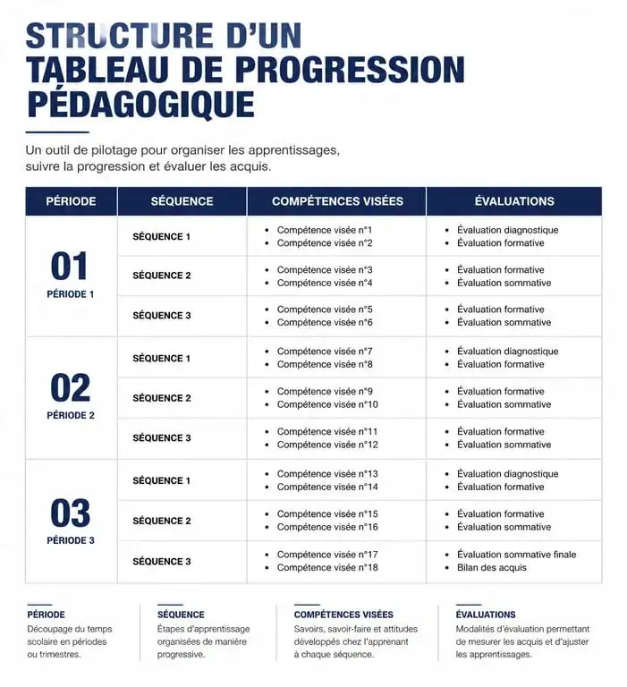 Modèle de tableau de progression pédagogique vierge structuré pour les enseignants