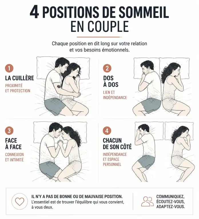 Illustration des différentes positions de sommeil en couple pour mieux comprendre la position couple amoureux dormir