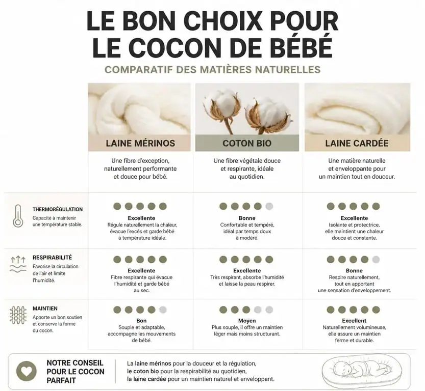 Infographie comparative des matières pour cocon bébé : laine mérinos, coton bio et laine cardée