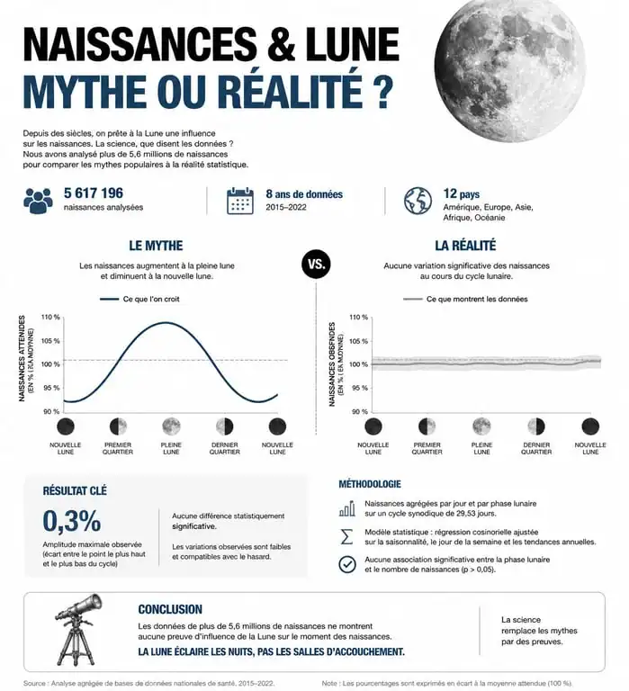 Infographie statistique sur l'accouchement et la pleine lune : mythe vs réalité scientifique